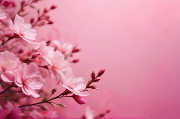Delicate spring apple blossoms on a pink background. Spring background. Place for text