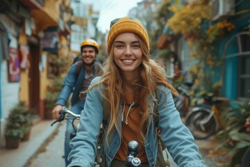 A stylish woman beams with joy as she rides her bicycle through the bustling city streets, accompanied by a man standing by her side and showcasing their fashionable clothing and accessories