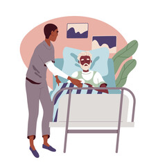 Caring for elderly person concept. Nurse help old man in bed. Health care and medicine, treatment. Kindness and charity. Poster or banner. Cartoon flat vector illustration isolated on white background