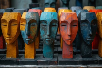 A vibrant display of cultural artifacts, a line of intricately painted wooden heads standing tall as a colorful outdoor sculpture