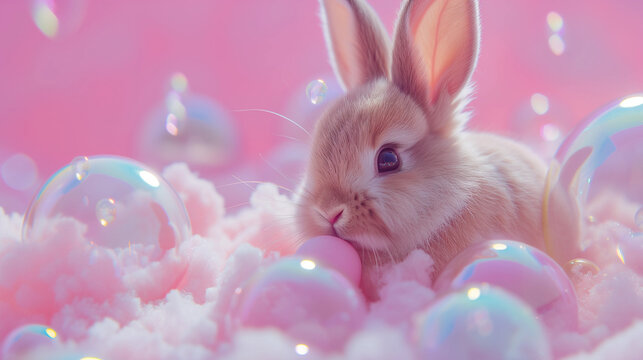 Fluffy easter bunny with pink bubbels on a pastel pnk background, greeting card