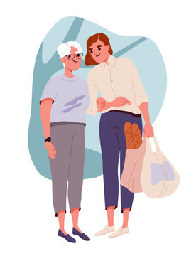 Caring for elderly person concept. Girl help old woman with bags. Health care and medicine, treatment. Sticker for social networks. Cartoon flat vector illustration isolated on white background