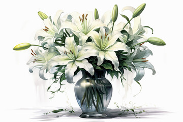 A beautiful painting capturing blooming lily flowers in a vase