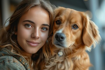 A cheerful woman and her loyal dog, a beautiful brown breed, share a moment of pure joy and love in an outdoor portrait