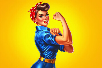 Rosie the Riveter WW2 female empowerment icon for wartime industry. Iconic feminism pin-up model - obrazy, fototapety, plakaty