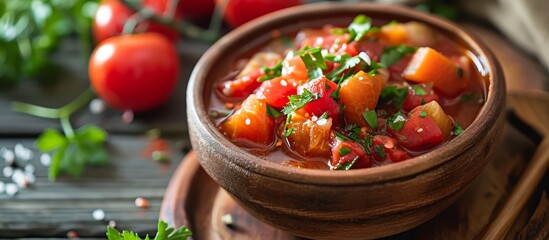 A delicious bowl of tomato soup made with fresh plum tomatoes sits on a rustic wooden table.