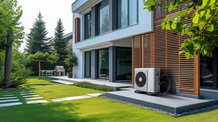 Heat pump located near a contemporary residence - 732045965