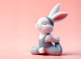 A Rabbit in Fitness Gear Doing Yoga Poses with a Serene Expression. Peaceful Side Composition on a Soft Pink Background with Copyspace.
