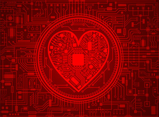 Cyber technology heart. Valentines day red background. IT love symbol. Vector illustration.
