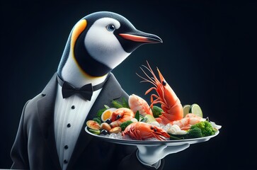 A Penguin in a Tuxedo Acting as a Waiter, Serving Seafood on a Platter. Elegant Side Composition on a Black Background with Copyspace.