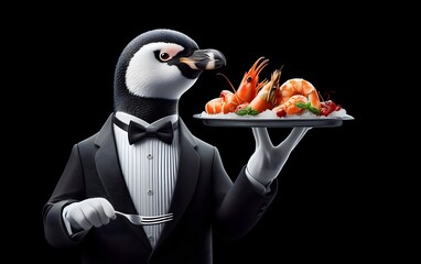 A Penguin in a Tuxedo Acting as a Waiter, Serving Seafood on a Platter. Elegant Side Composition on a Black Background with Copyspace.