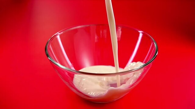 Pouring milk into glass bowl on red background in very slow motion