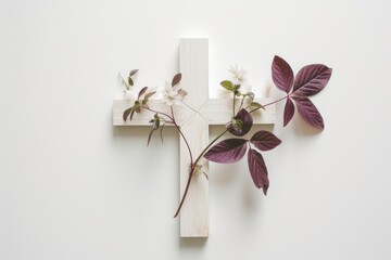 wooden cross with flowers and purple leaves on white background Generative AI - obrazy, fototapety, plakaty