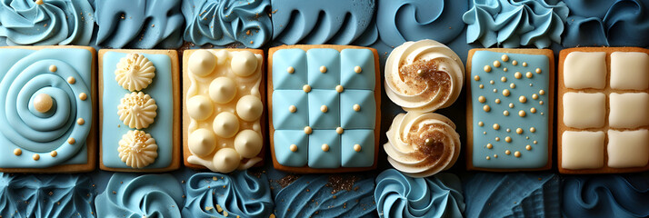 Cookies decorated with icing in a vintage quilt pattern in shades of blue and white. Banner.