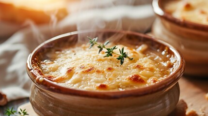 Close-up of traditional French onion soup with grated cheese and parsley in a ceramic bowl. Classic French home cuisine. Background image for the menu.