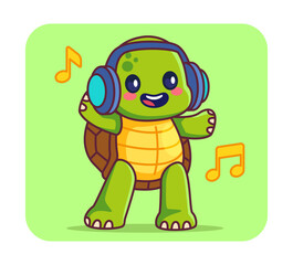 Fun poster with animal. Adorable turtle in headphones. Zoology and wild life. Mascot or toy for children. Social media sticker. Cartoon flat vector illustration isolated on white background