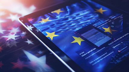 tablet displaying the European Union flag and data analytics, representing technology and data governance in the EU