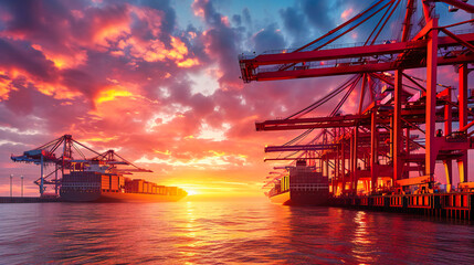Industrial Harbor at Sunset, Cranes and Containers Highlighting Global Trade and Transportation