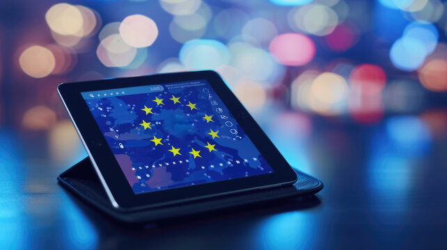 tablet displaying the European Union flag and data analytics, representing technology and data governance in the EU