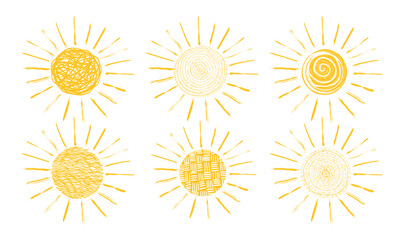 Set of drawn suns. hand drawing. Not AI. Vector illustration