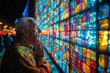 Obraz na płótnie Canvas A devout man seeks solace in the vibrant colors of a stained glass wall, his white hat a symbol of purity and his prayer a beacon of hope in the indoor sanctuary