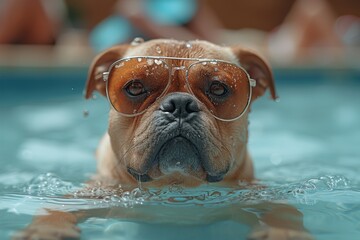 A studious pooch takes a refreshing dip, donning his spectacles and making a splash in the pool
