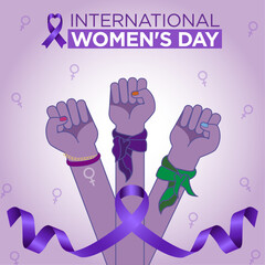 Banner del d&iacute;a internacional de la mujer, 8 de marzo con ilustraci&oacute;n de pu&ntilde;os arriba de lucha y cinta list&oacute;n morado con fondo de s&iacute;mbolo de venus