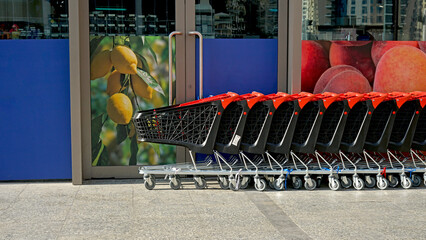 Row of shopping carts on summer street near store