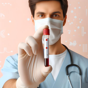 Doctor's hand holding test tube with blood sample on pastel background