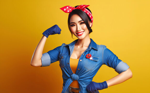 Smiling and powerful Asian model dressed as Rosie the Riveter, flexing her muscles 