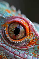 The eye of a lizard in pink, orange and light green colors