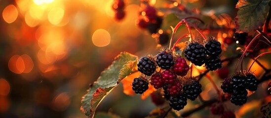 The tree bears an exquisite sight of blackberries, a natural fruit hanging from its branch, resembling a fashionable accessory while attracting macro photography enthusiasts to capture its beauty.