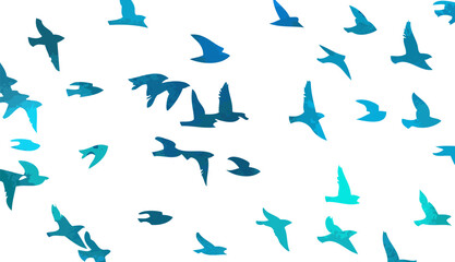 A flock of blue watercolor flying birds. Free birds abstraction. hand drawing. Not AI. Vector illustration