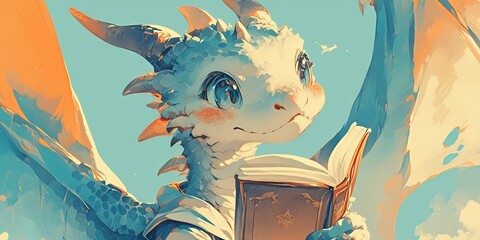 cartoon dragon hugs a stack of books. Concept: love of reading and education, mythical animal character learn
 - obrazy, fototapety, plakaty
