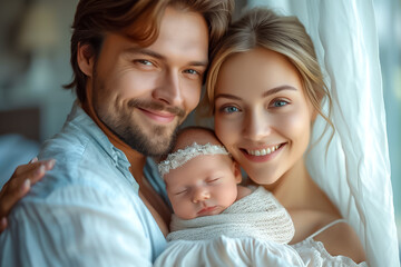 Obraz premium Family, parenthood and people concept. Happy young mother, father with new born baby at home,