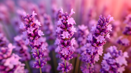 Lavender fields in bloom, capturing the vibrant colors and soothing aroma of summer in the countryside