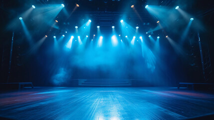 an empty stage with blue lights and spotlights