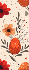 Fototapeta premium Creative vertical Easter banner with pattern of painted eggs and spring flowers.