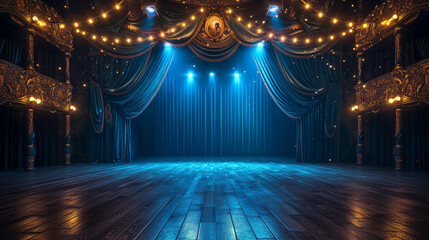 an empty stage with bright lights and blue curtains - obrazy, fototapety, plakaty