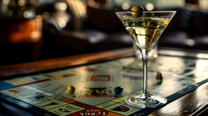Cinematic wide angle photograph of a martini glass with an olive on a monopoly game table. Product photography. Advertising. - obrazy, fototapety, plakaty