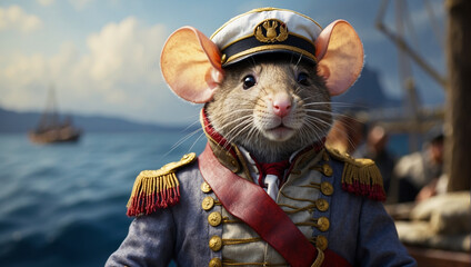  Rat is the captain on the ship. Captain's uniform with epaulettes - obrazy, fototapety, plakaty