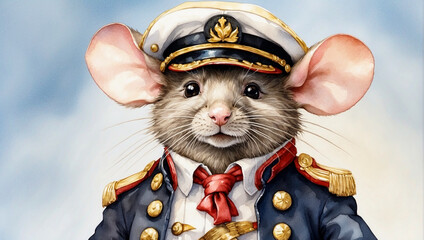 Funny mouse or rat in captain's uniform. Watercolor illustration - obrazy, fototapety, plakaty
