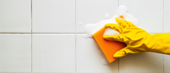 The simplicity of cleaning, a gloved hand wipes a sudsy tile wall, hygiene in action - obrazy, fototapety, plakaty