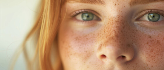 Intimate close-up of a young woman, her freckles and green eyes telling her unique story