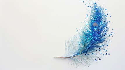 a peacock feather in sequins on a white background, copy space
