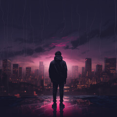 person walking in the city at night