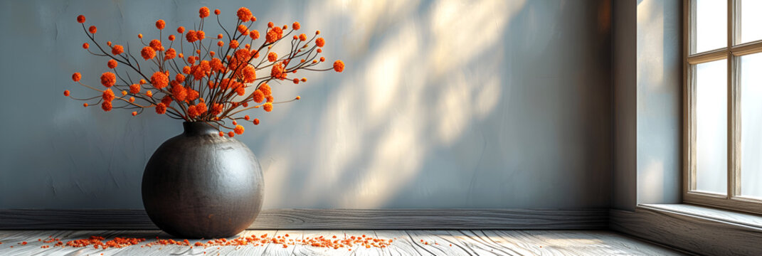 Empty podium and mockup for product with copy space, dried flowers in a vase minimalistic and with shadows. Beige background.