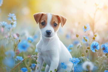 White Jack Russell Terrier puppy sitting among blue flowers in summer.