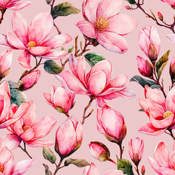 Watercolor floral seamless pattern of magnolia. Spring design. It's perfect for textile, wallpaper, fabric design, wrapping paper, digital paper.