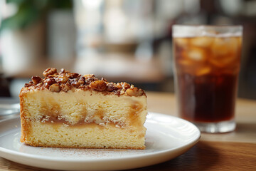 Slice of Spanish Gato de Almendras cake and glass of iced coffee.
